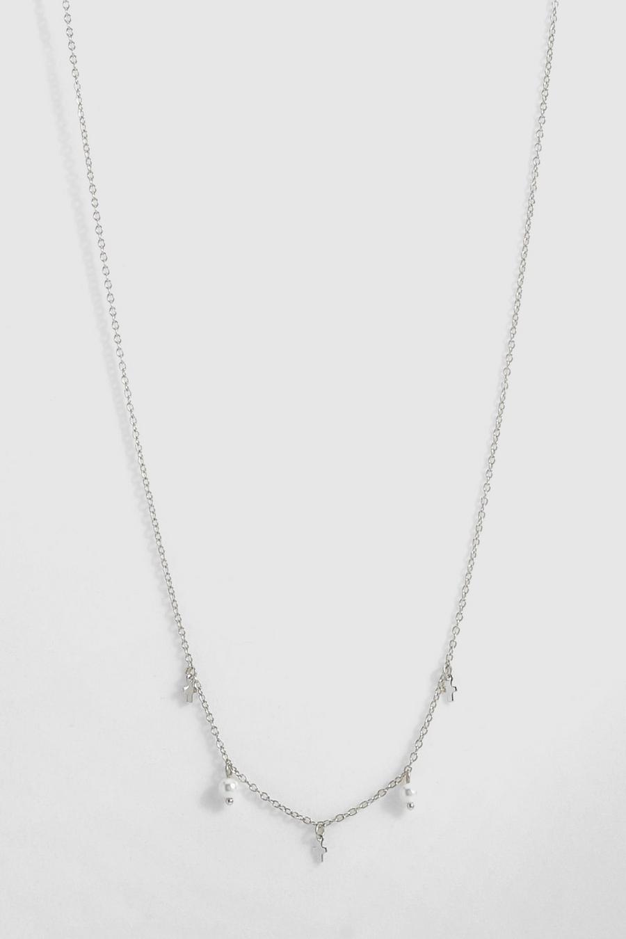 Silver Cross And Pearl Necklace  image number 1