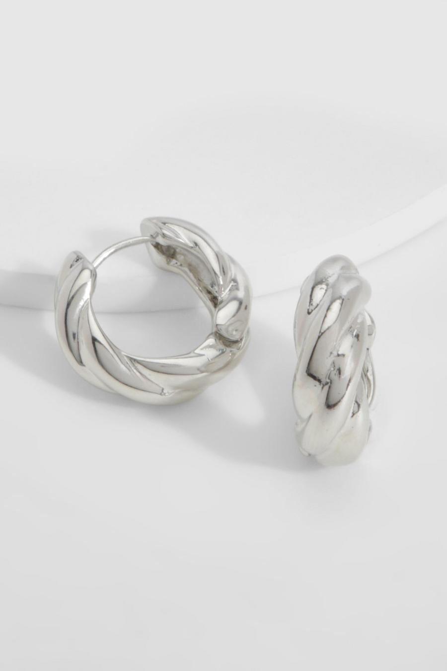 Silver Twisted Huggie Hoop Earrings image number 1
