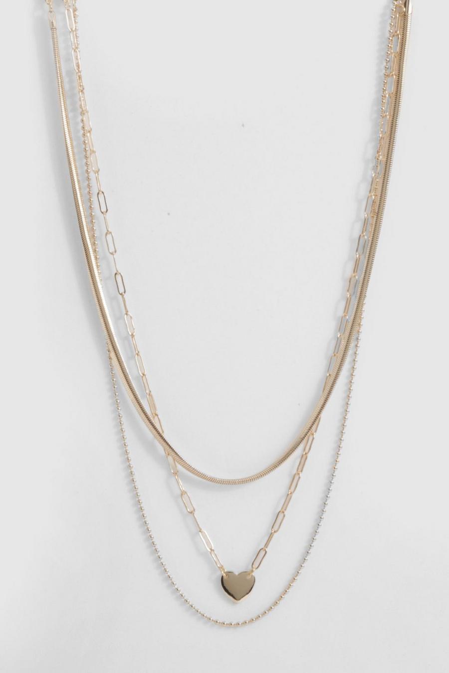 Gold Triple Layer Snake Chain And Heart Necklace 