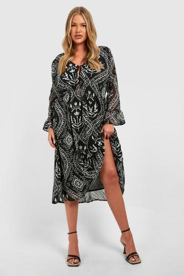 Plus Woven Paisley Print Frill Sleeve Midi Dress black