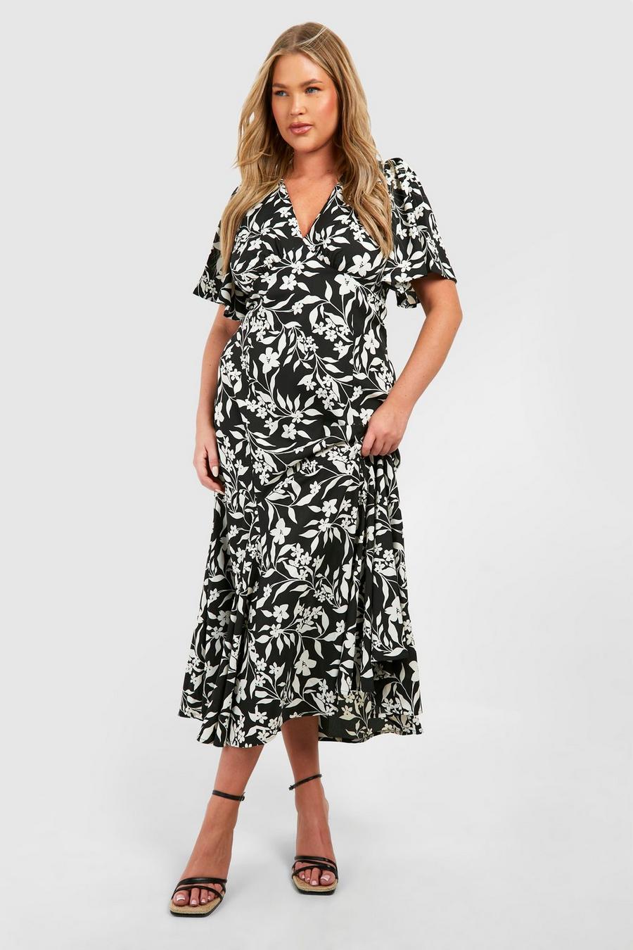 Black Plus Woven Floral Print Short Sleeve V Neck Midaxi Dress