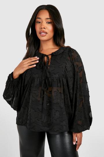 Black Plus Burnout Mesh Tie Detail Blouse