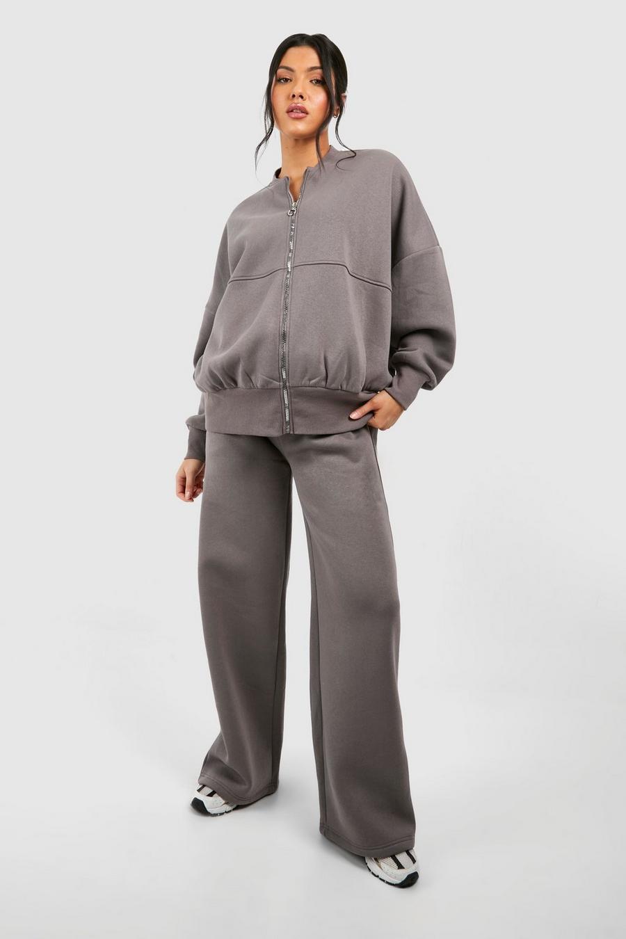 Charcoal Maternity Zip Through Bomber Straight Leg Tracksuit image number 1
