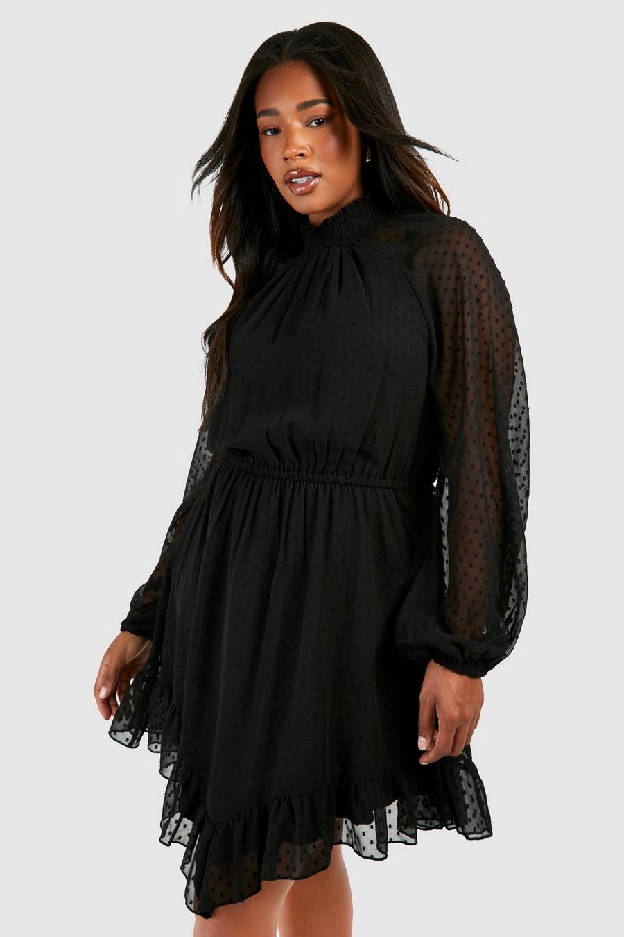 Black Plus Dobby Mesh Long Sleeve Frill Hem Mini Dress image number 1