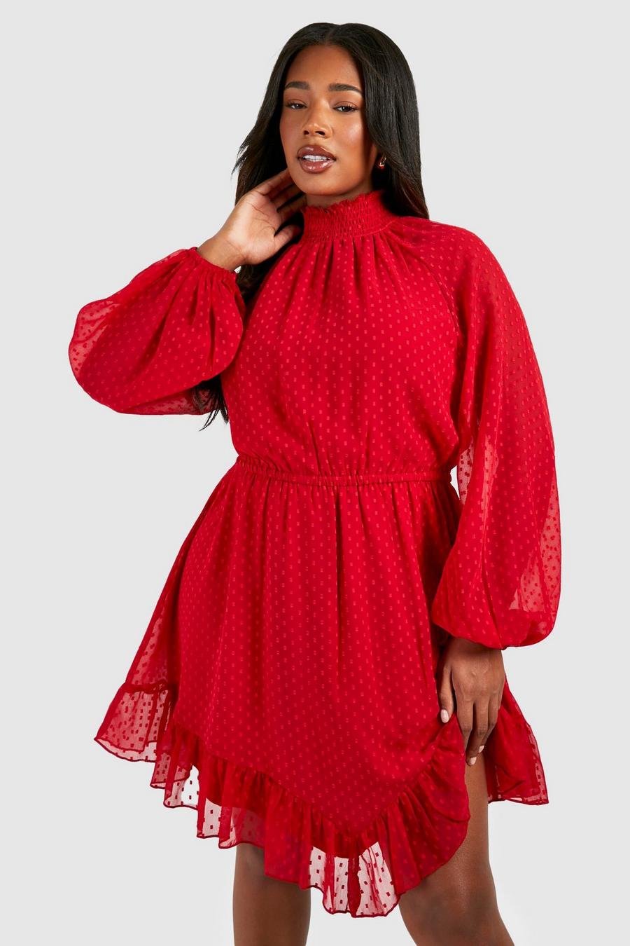 Red Plus Dobby Mesh Long Sleeve Frill Hem Mini Dress image number 1