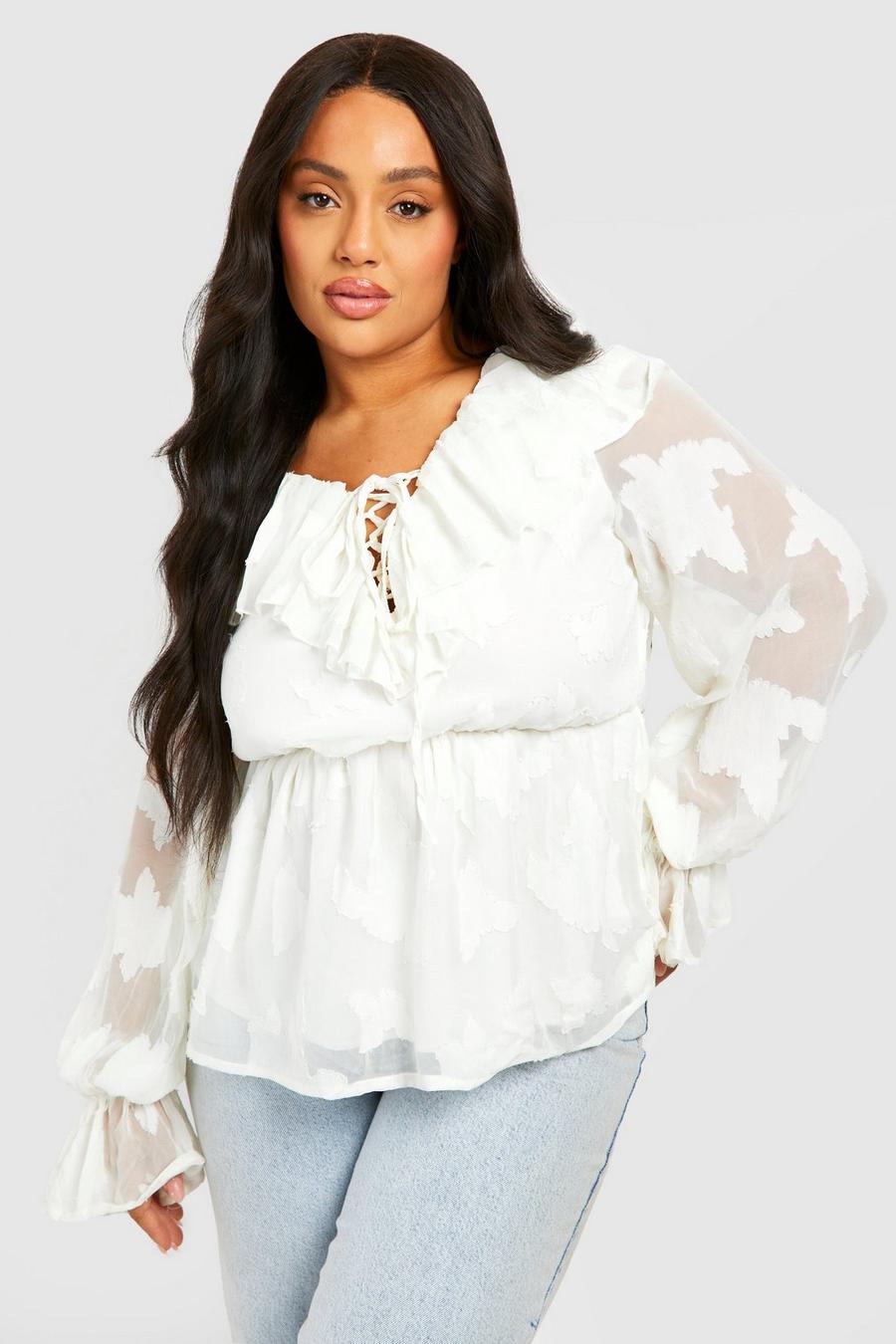 White Plus Woven Jaquard Frill Detail Long Sleeve Blouse  image number 1