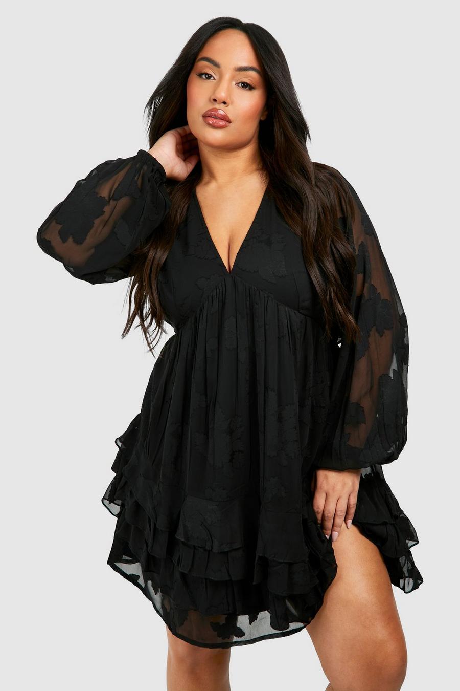 Black Plus Långärmad kort klänning med volanger image number 1