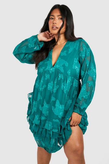 Plus Woven Jaquard Ruffle Hem Long Sleeve Mini Dress green