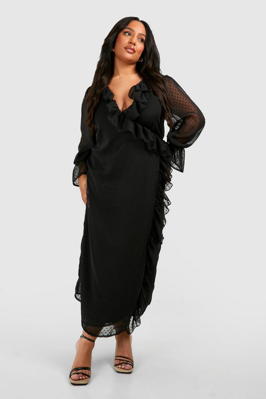 Black Plus Dobby Mesh Ruffle Detail Long Sleeve Wrap Dress  image number 1