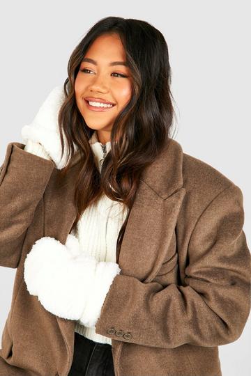 Cream White Teddy Mitten Gloves