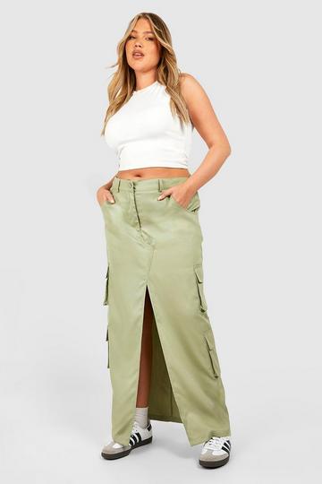 Khaki Plus Cargo Pocket Midi Skirt