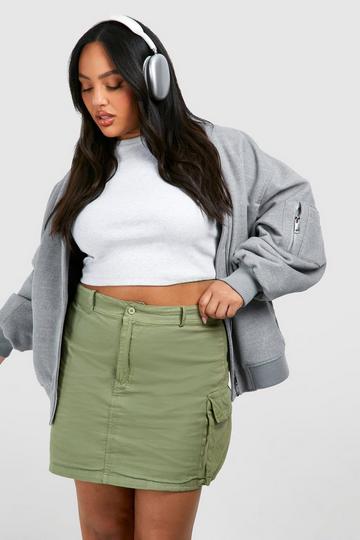 Khaki Plus Washed Dropped Cargo Pocket Mini Skirt