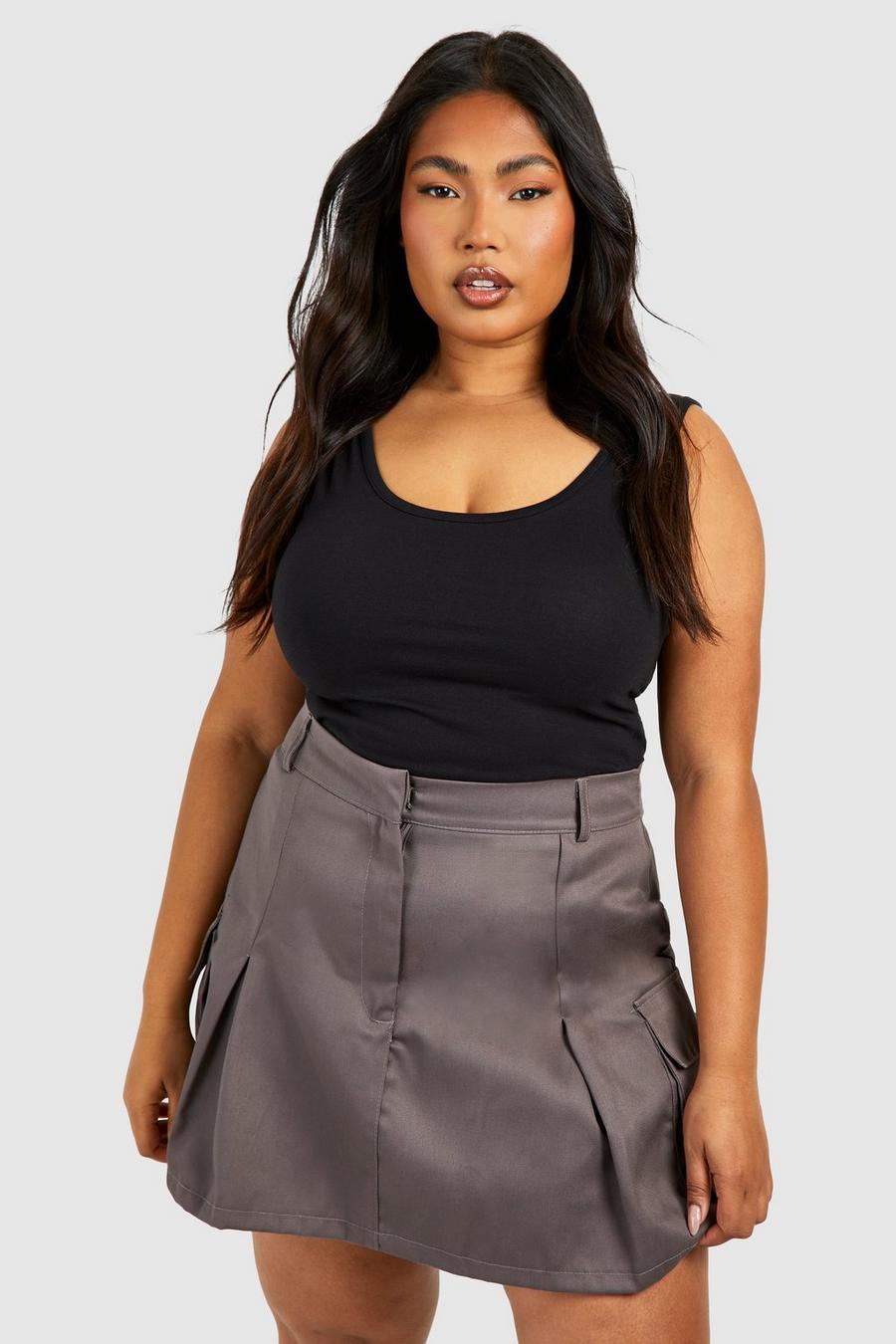 Charcoal gris Plus Pleated Cargo Mini Skirt