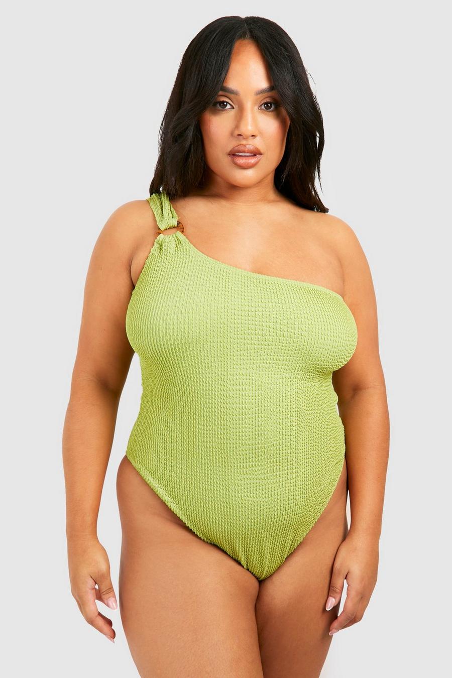 Green Crinkle One Shoulder Swimsuit