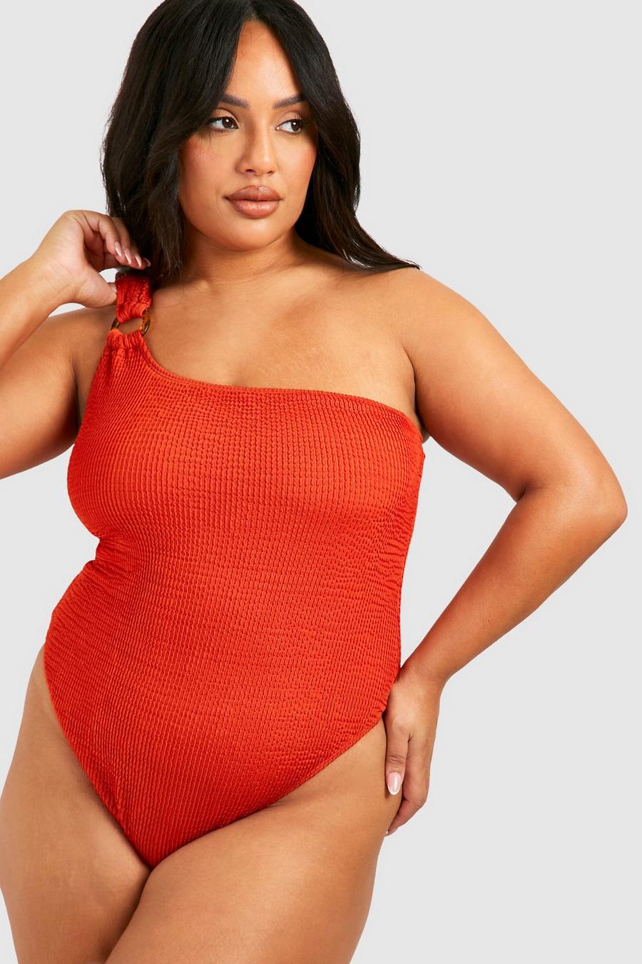 Rust Plus One Shoulder Ring Detail Crinkle Swimsuit image number 1