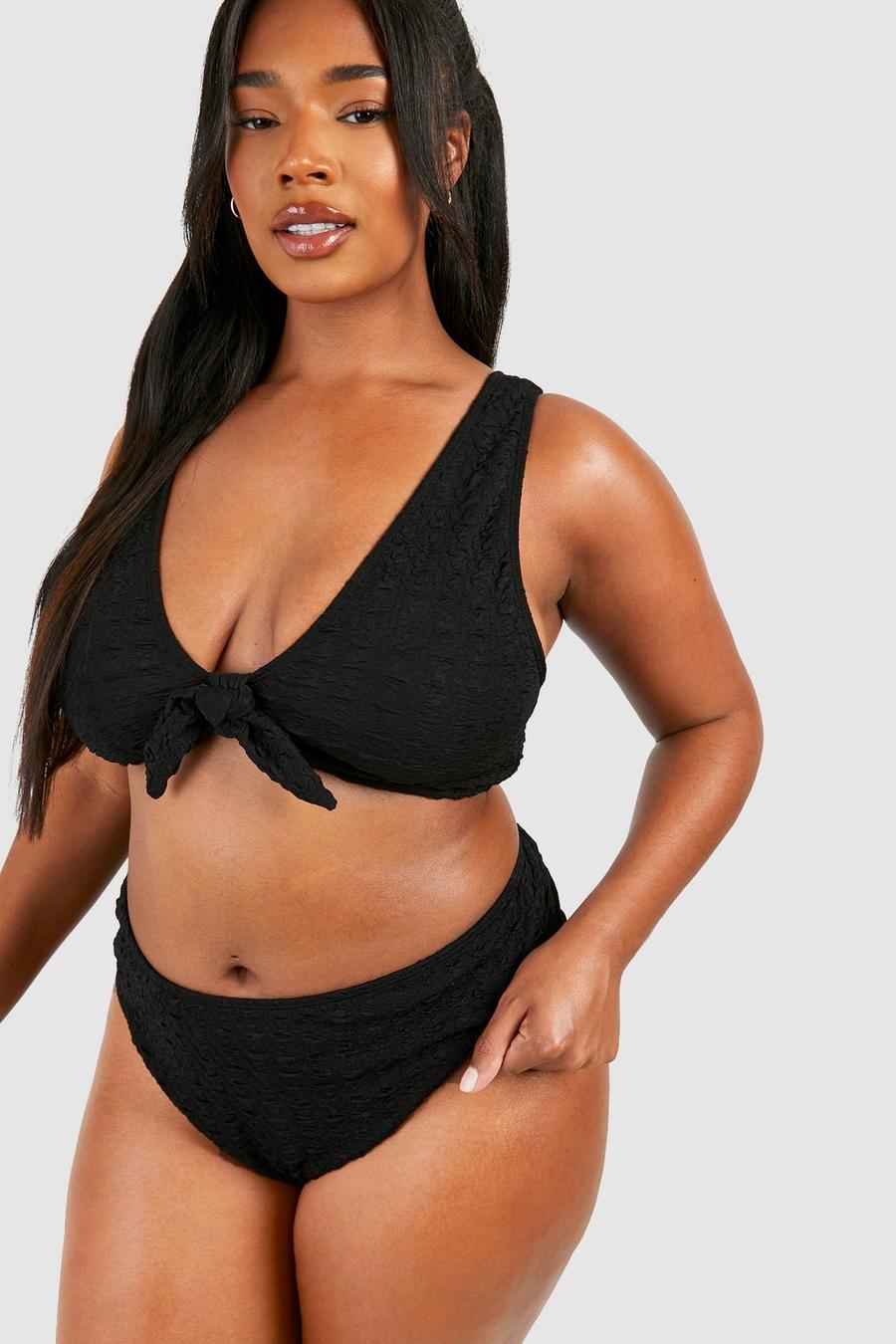 Top bikini Plus Size con trama e nodo frontale, Black