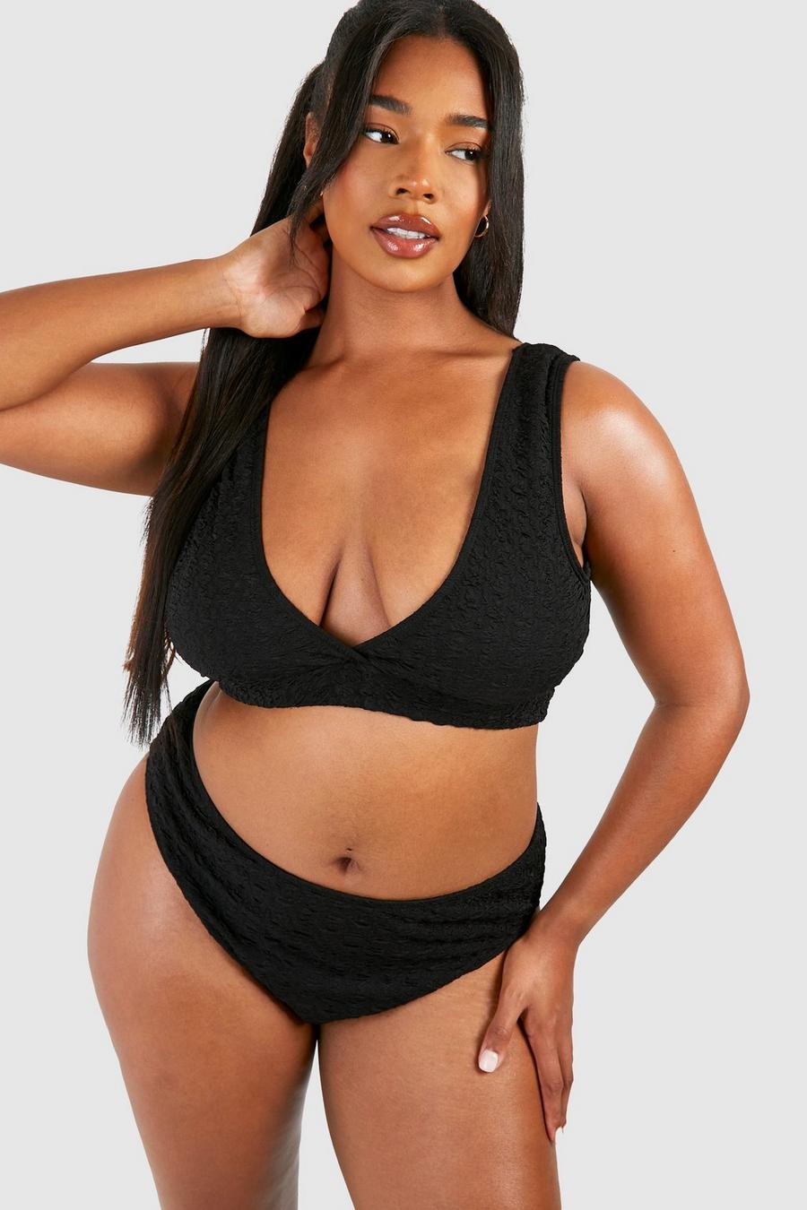 Black Plus Bikini Top Met Textuur En Laag Decolleté