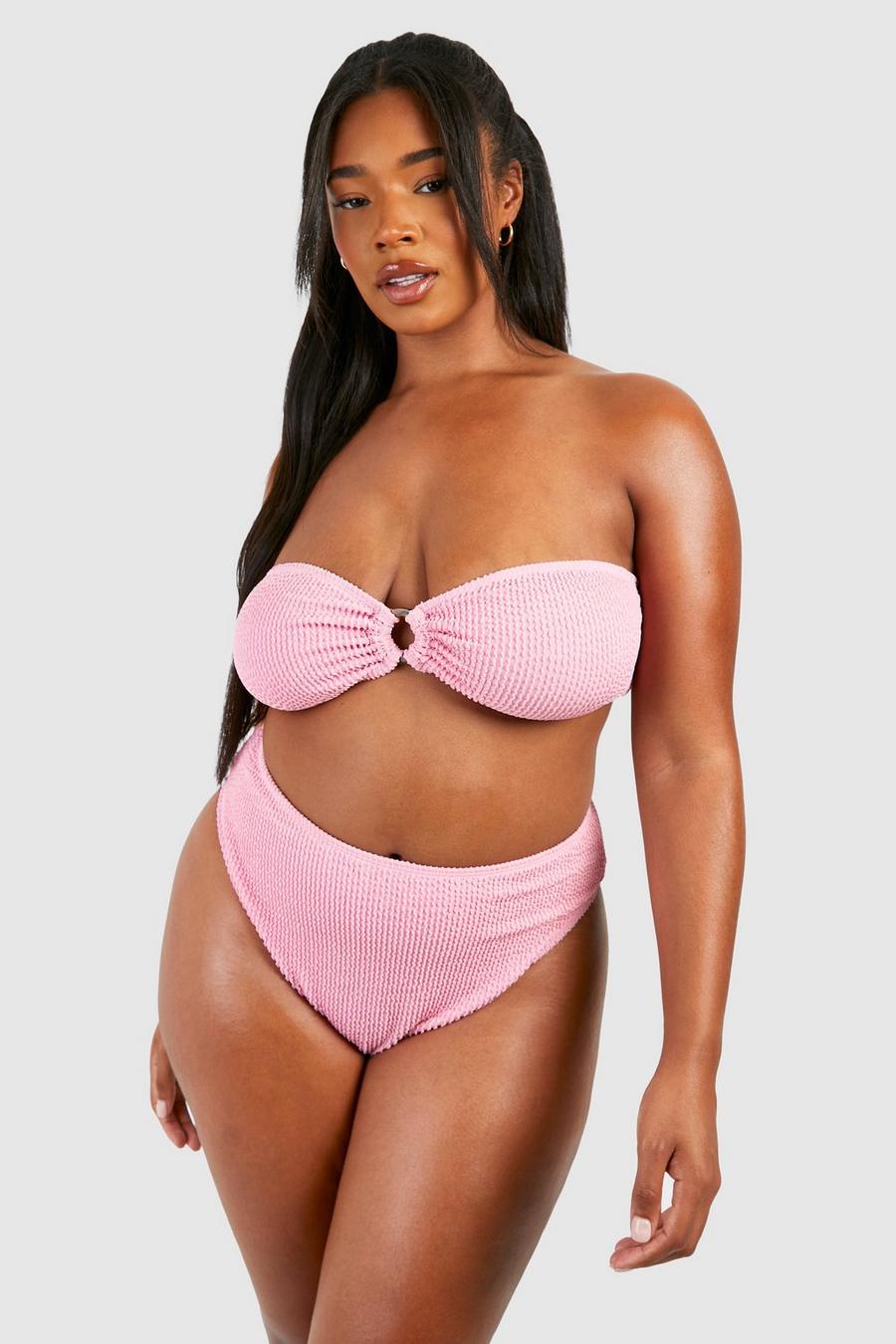 Plus Bandeau-Bikini mit hohem Bund in Knitteroptik mit O-Ring, Baby pink image number 1