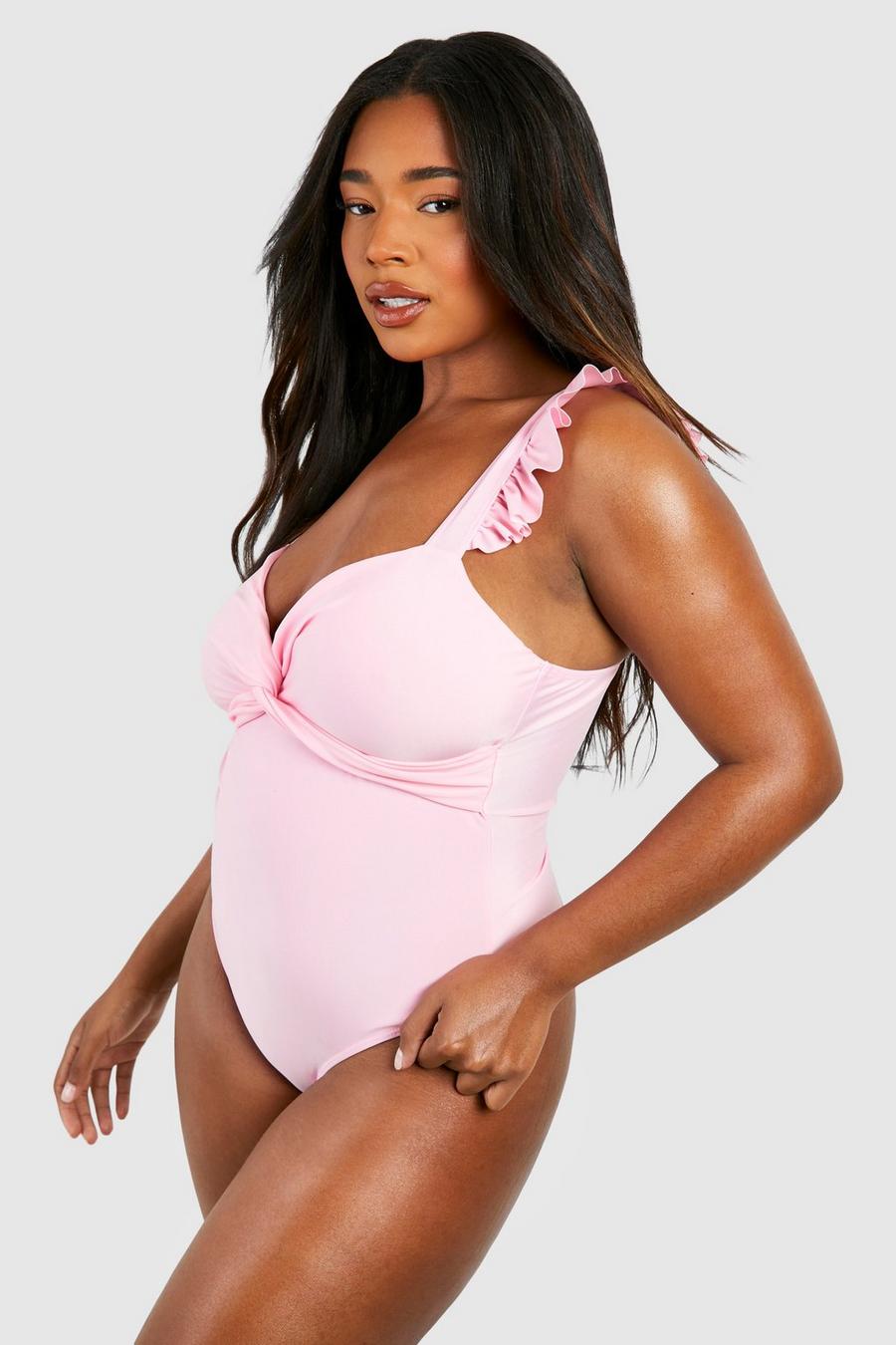 Plus Badeanzug mit Knoten und Rüschen-Schultern, Baby pink image number 1