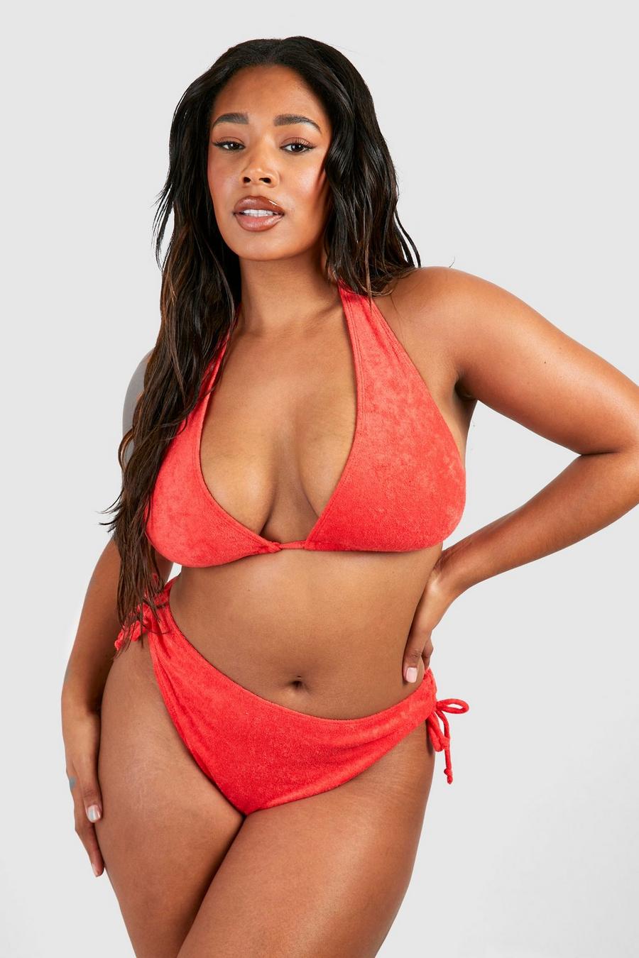 Top bikini Plus Size allacciato al collo in spugna a coste, Red image number 1