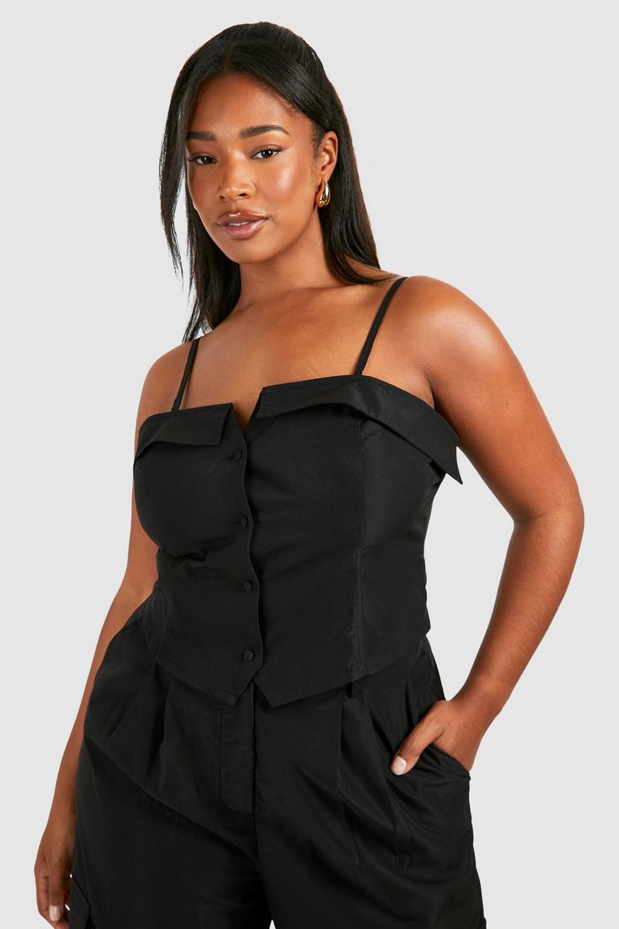 Top a corsetto Plus Size con scollo profondo e bottoni, Black image number 1