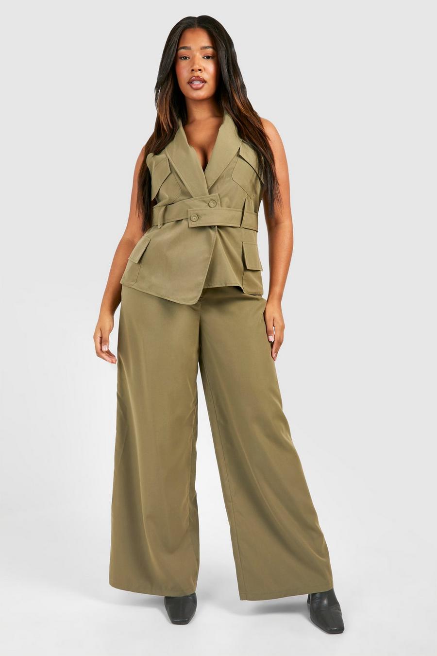 Khaki Plus Pleated Front Wide Leg Trouser image number 1