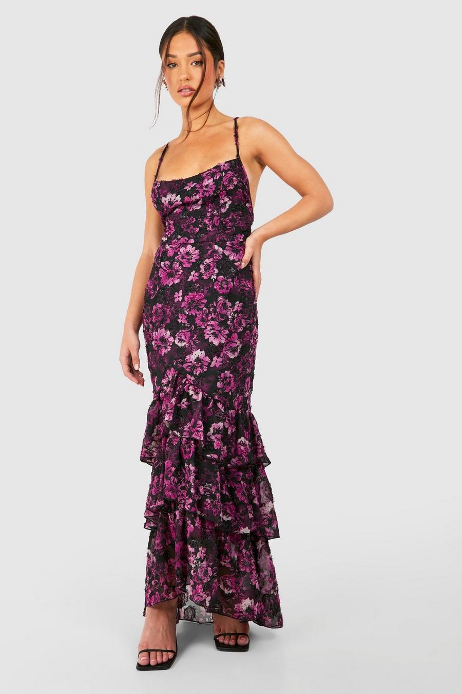 Purple Petite Textured Floral Chiffon Ruffle Maxi Dress