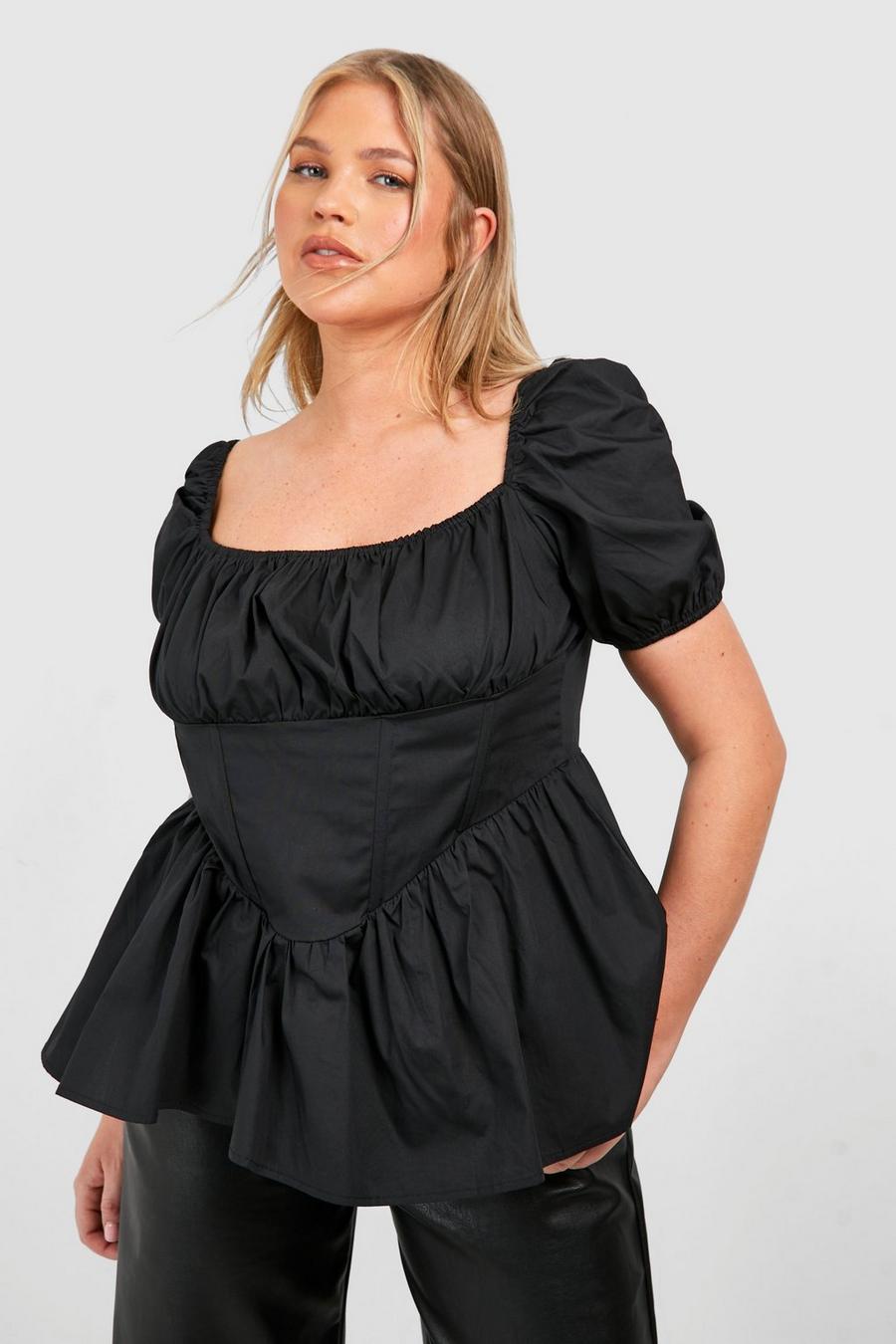 Top Plus Size in cotone con dettagli stile corsetto e volant sul fondo, Black image number 1