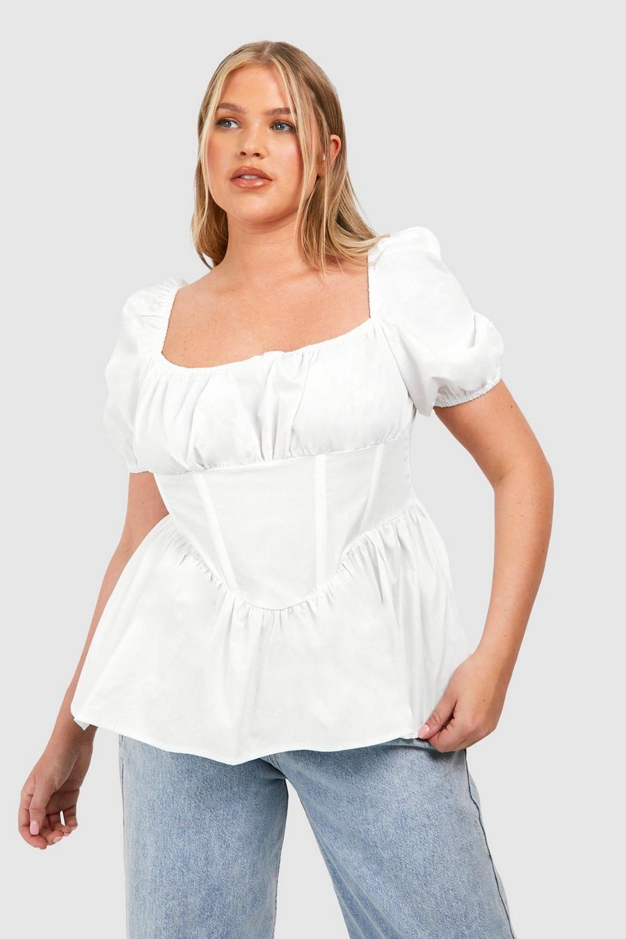 Top Plus Size in cotone con dettagli stile corsetto e volant sul fondo, White