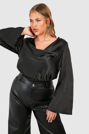 Plus Cowl Neck Flare Sleeve Bodysuit black