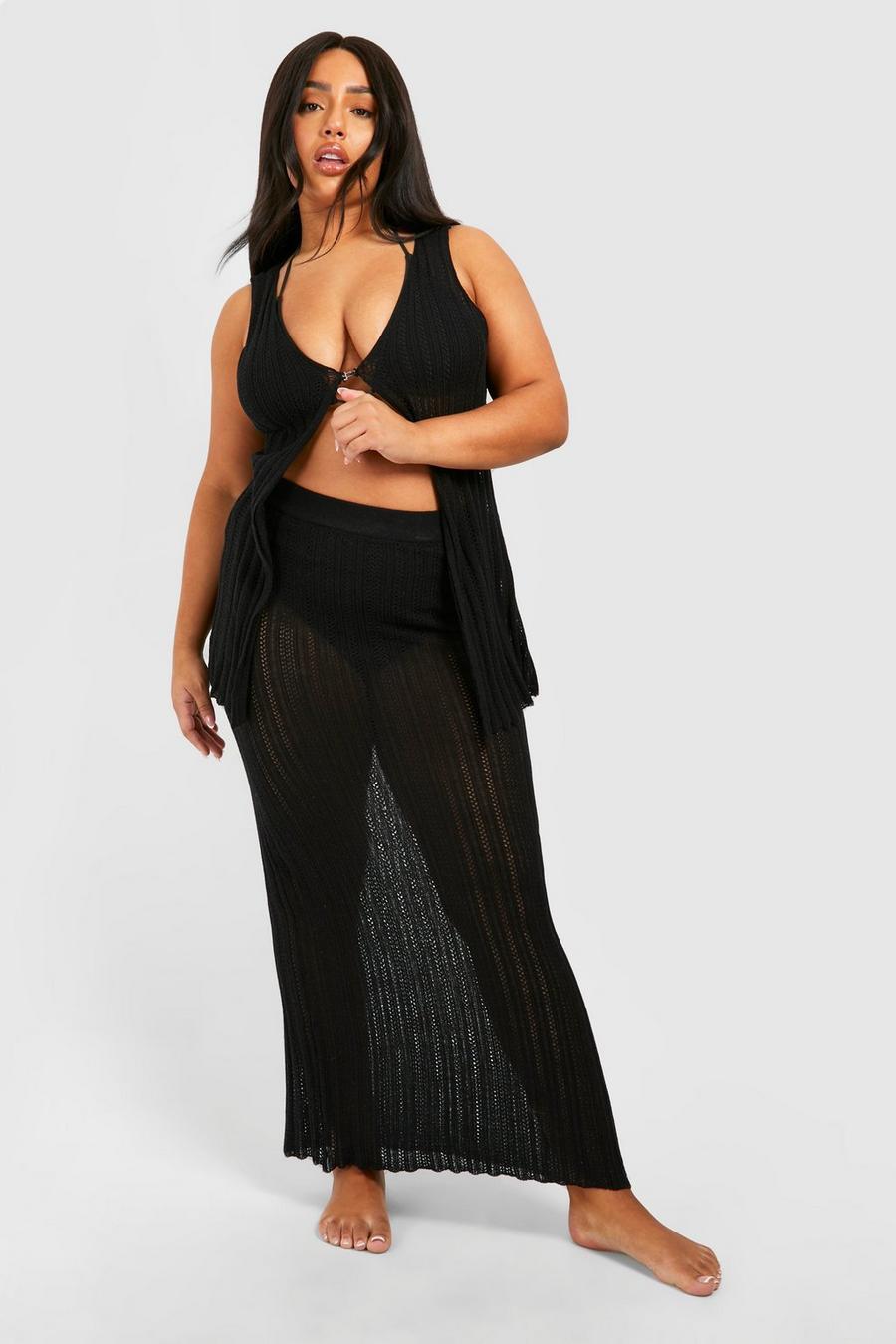 Black Plus Crochet Vest And Maxi Skirt Knitted Set image number 1