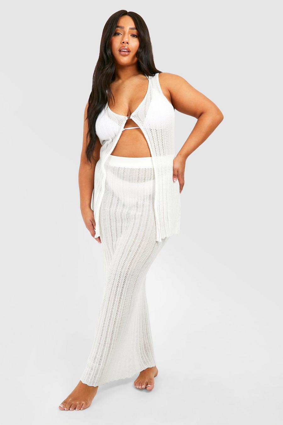 Ivory Plus Crochet Waistcoat And Maxi Skirt Knitted Set
