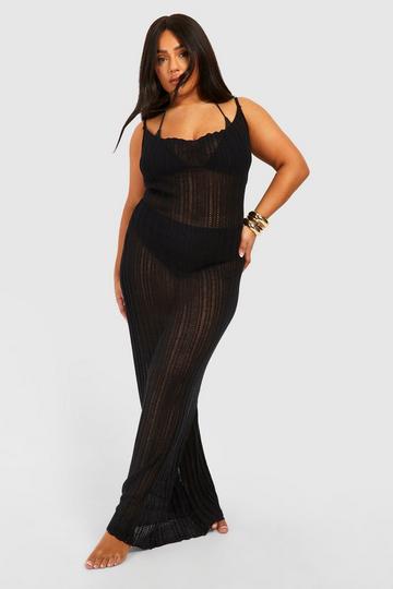 Black Plus Crochet Ladder Cowl Neck Knitted Maxi Dress