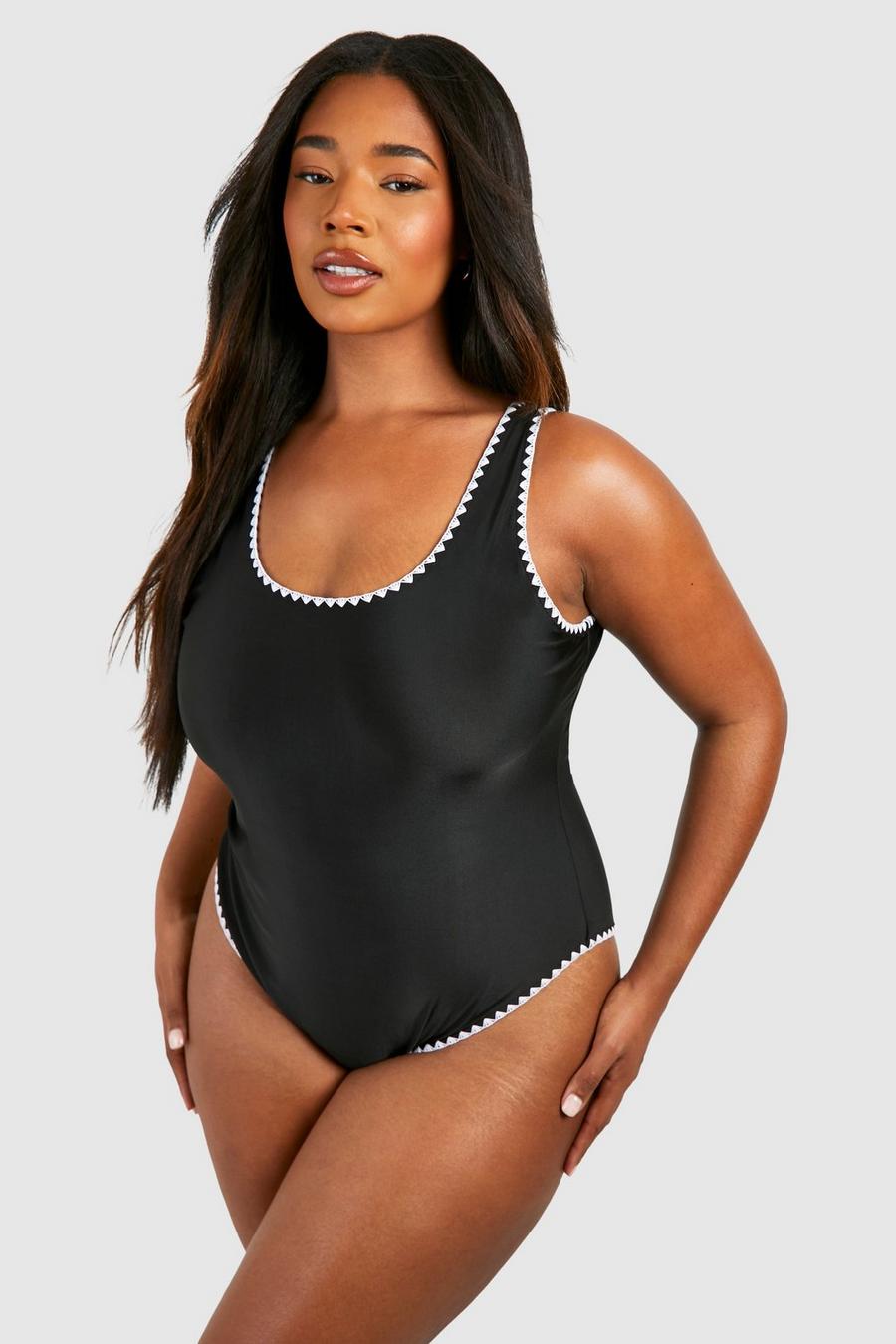 Black Plus Contrast Stitch Scoop Neck Swimsuit image number 1