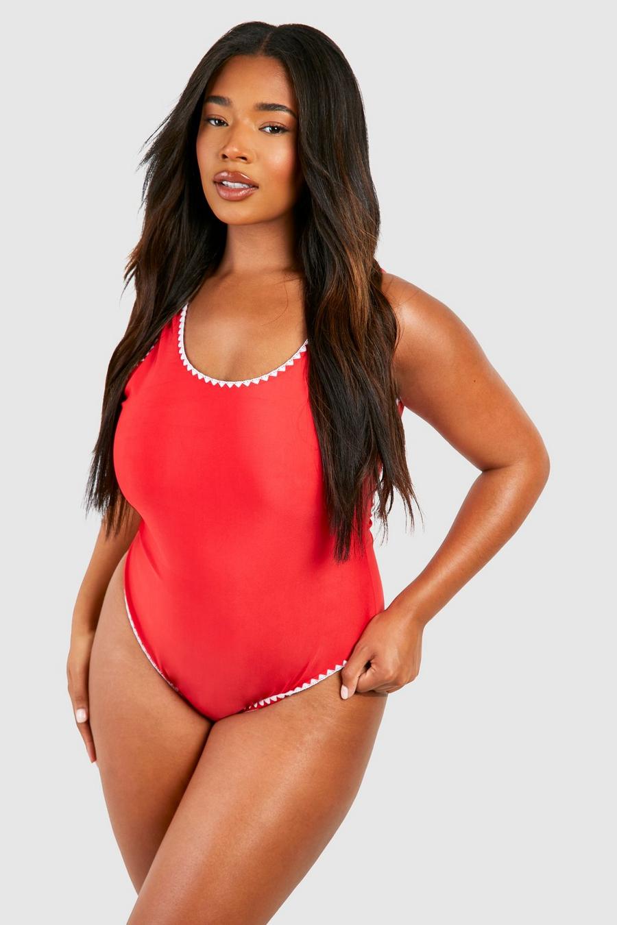 Red Plus Contrast Stitch Scoop Neck Swimsuit image number 1