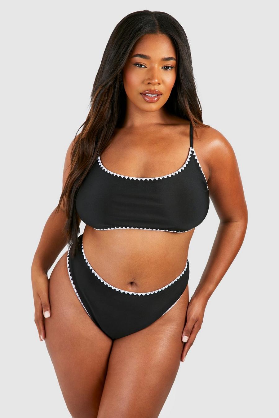 Grande taille - Bikini taille haute à coutures contrastantes, Black image number 1