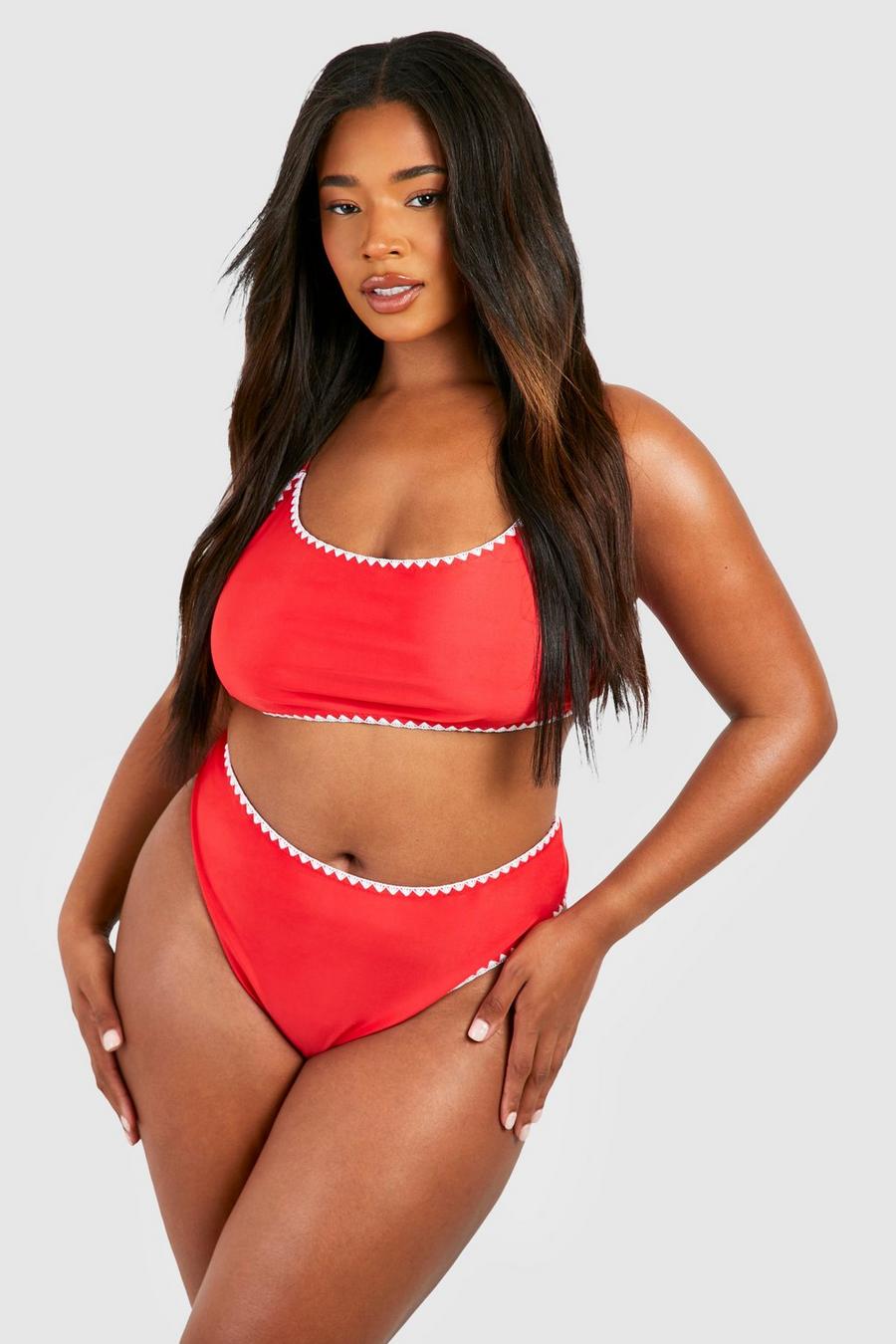 Red Plus Contrast Stitch Scoop Neck Hig Waisted Bikini  image number 1