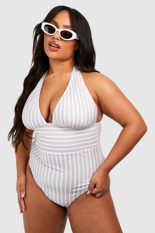 boohoo Plus Plunge Stripe Curve Enhancing Swimsuit Sale