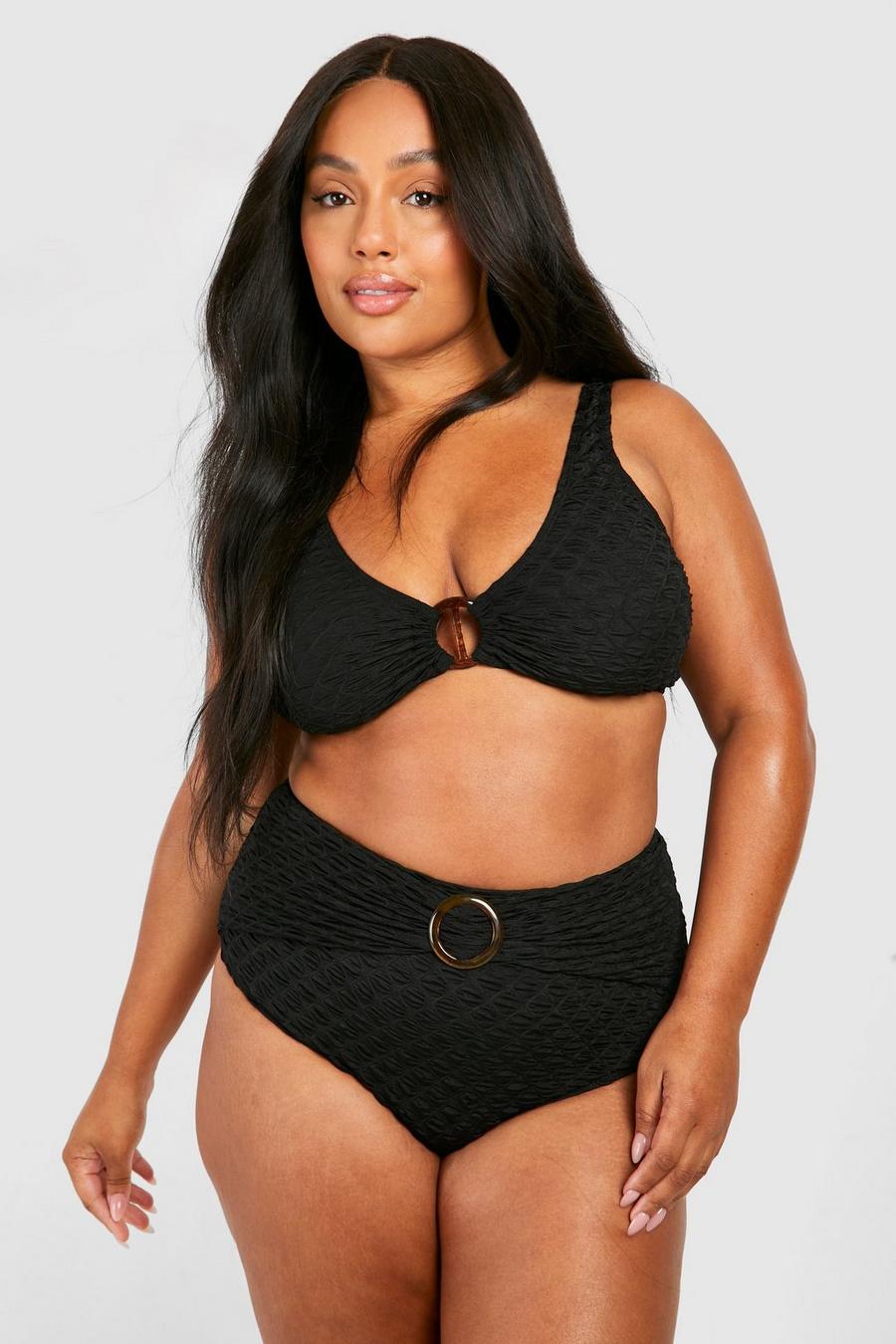 Black Plus Bubble Textured Belted High Waisted Bikini image number 1