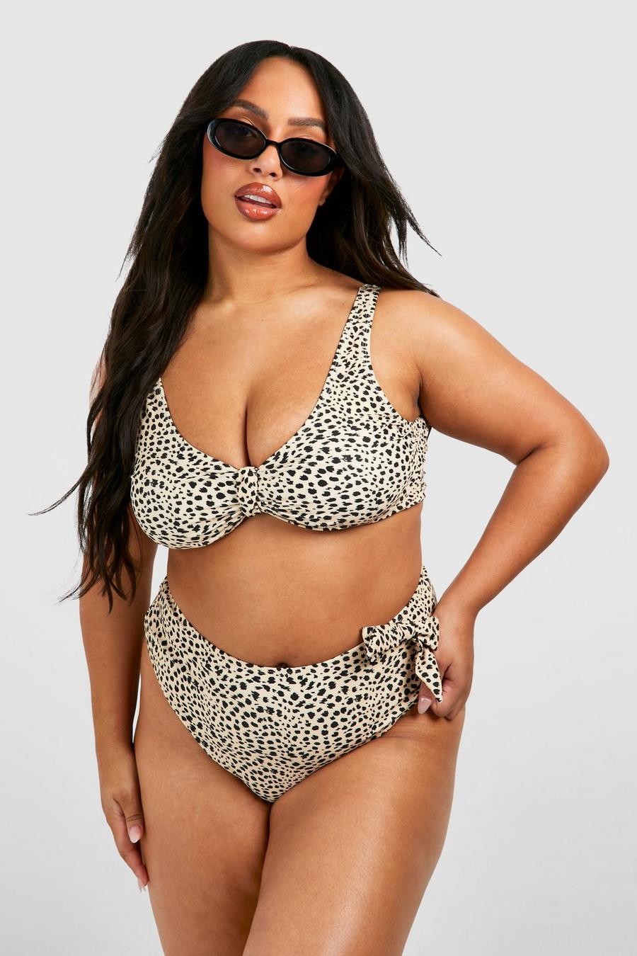 Brown Plus Leopardmönstrad bikiniöverdel med knytdetalj image number 1