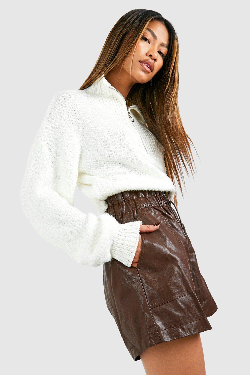 Brown leather 2025 paperbag skirt