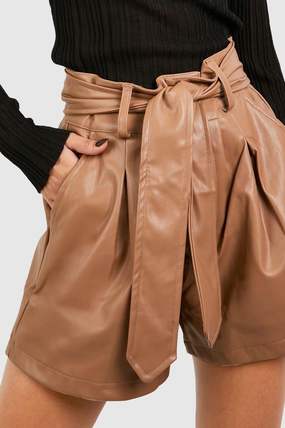 Boohoo Women s Faux Leather High Waisted Shorts Beige