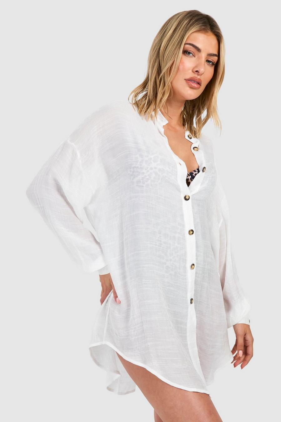White Linen Look Longline Beach Shirt image number 1