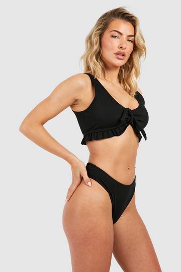 Tie Ruffle Ribbed Bikini Set black