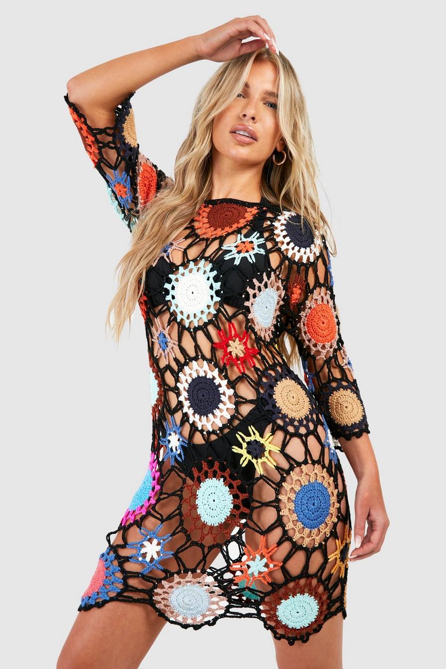Black Patchwork Crochet Cover Up Beach Dress image number 1