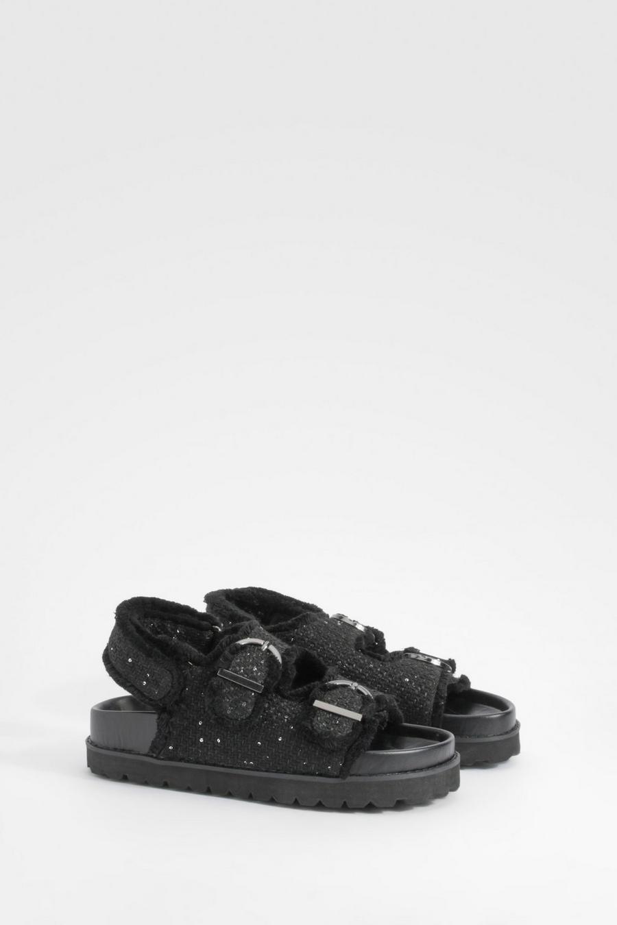Black Wide Width Boucle Dad Sandals