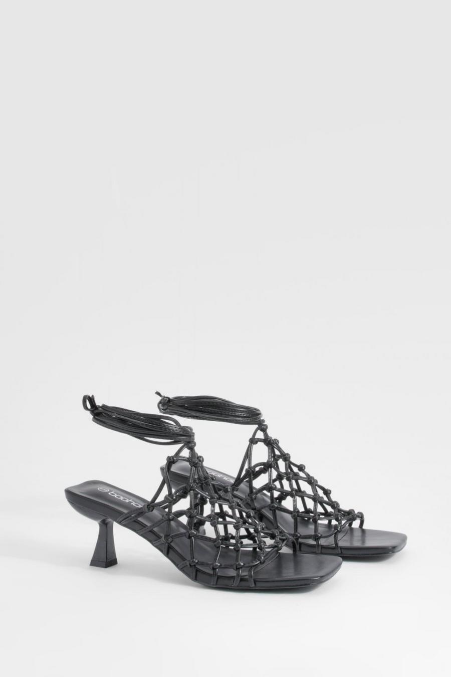 Black Knotted Caged Low Wrap Up Heels image number 1
