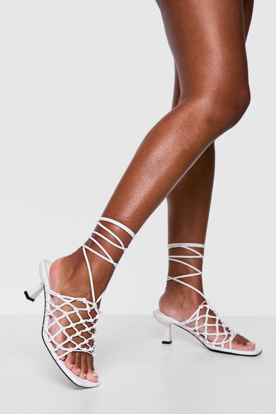 White Knotted Caged Low Wrap Up Heels