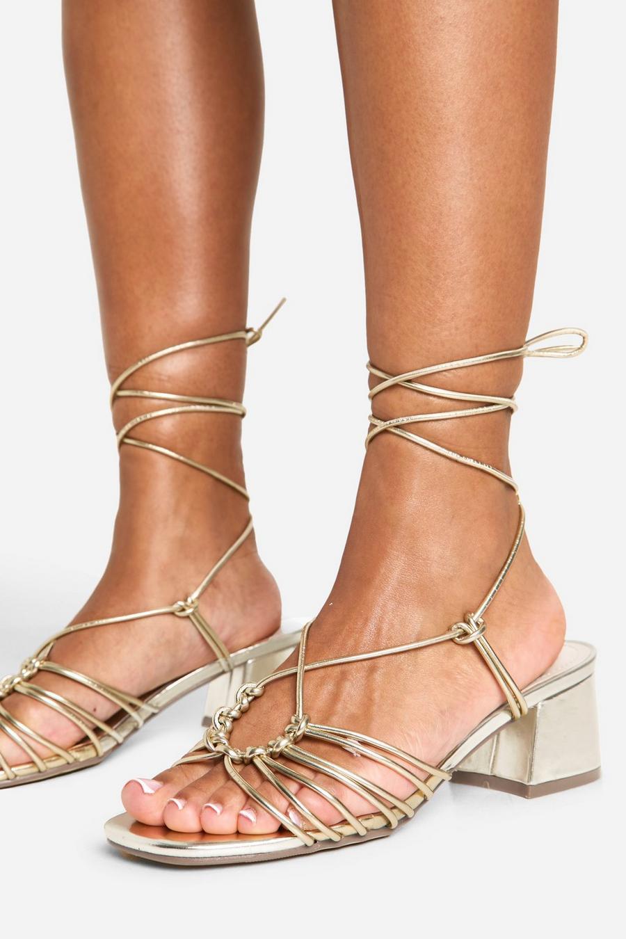 Gold Low Block Caged Wrap Up Heels image number 1