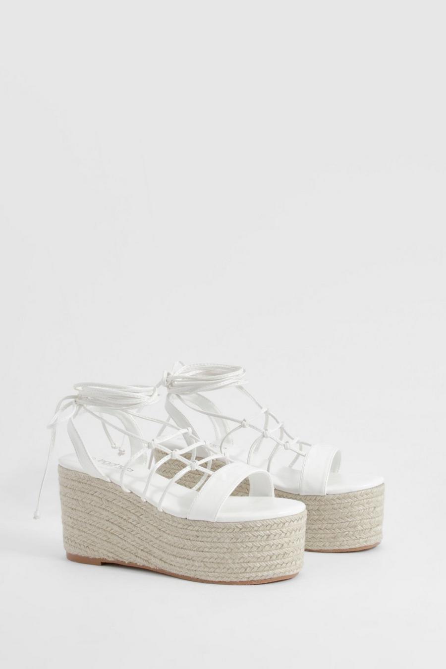 White Wide Width Strappy Caged Chunky Wedges